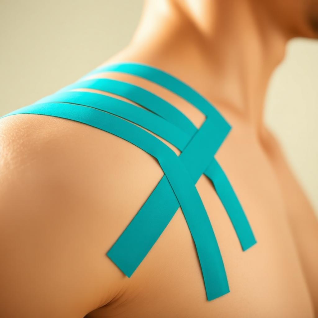 Türkise Kinesiotape-Streifen fächerförmig auf Schulterhaut aufgebracht.