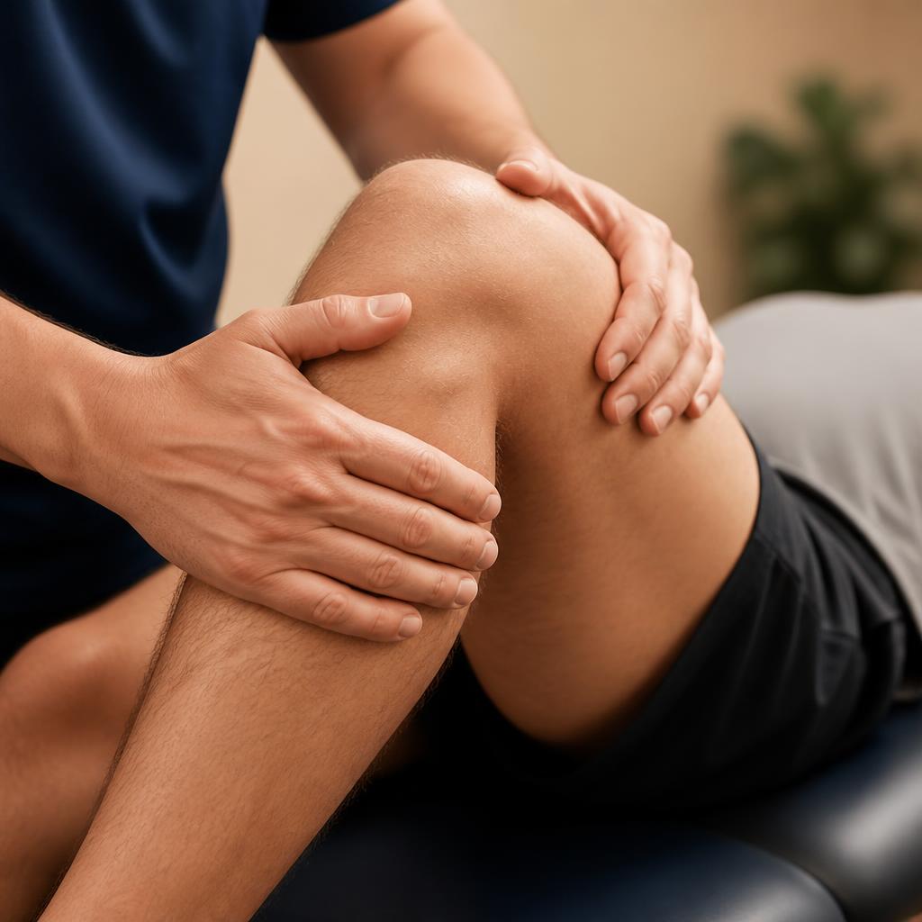 Hand einer Therapeutin führt behutsam ein Bein bei einer Übung.