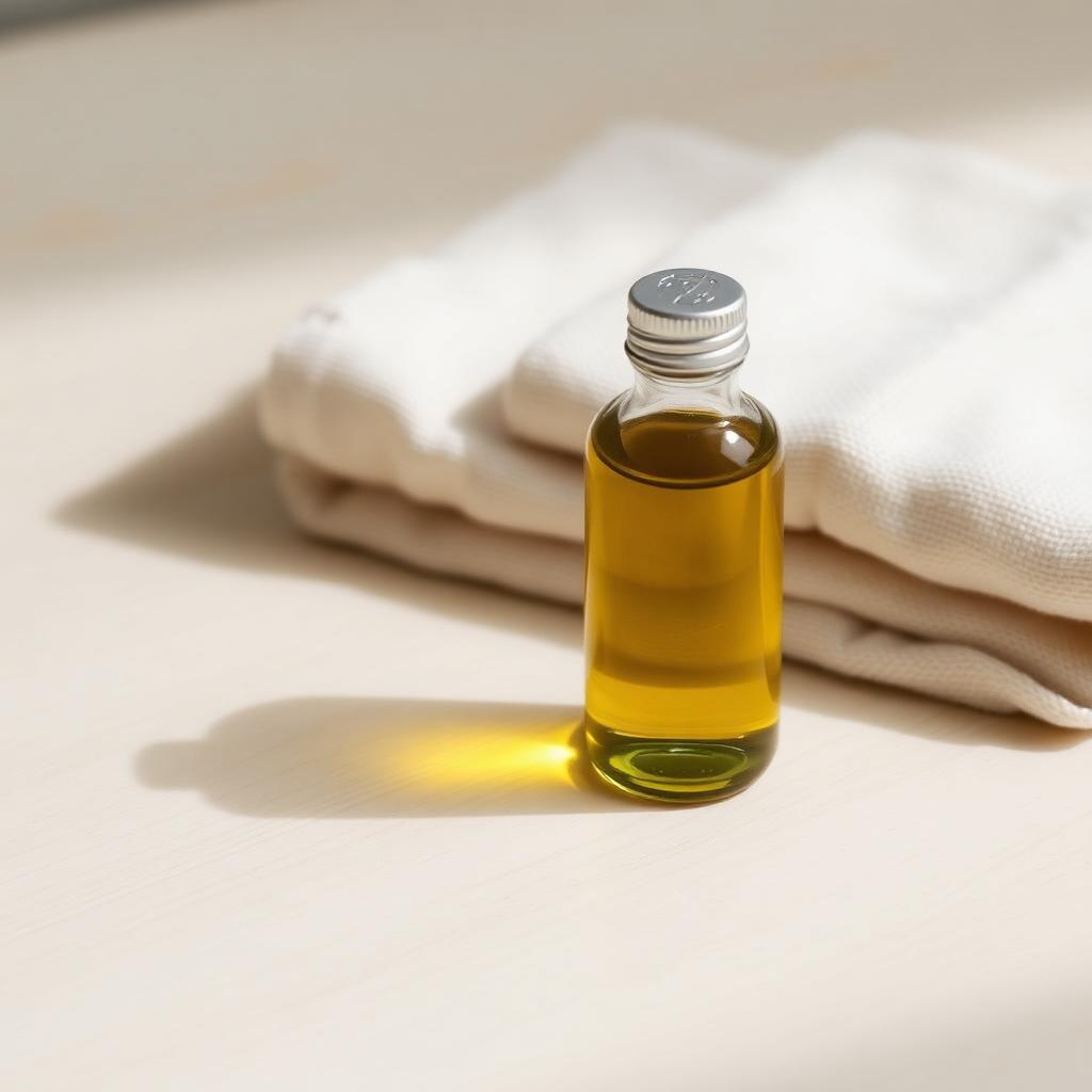 Kleines Fläschchen Massageöl neben gefaltetem Leinentuch auf Holz.